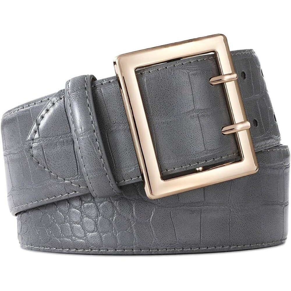 Women Leather Wide Fashion Thick Dress Belt With Gold Buckle Belt Grey Gold